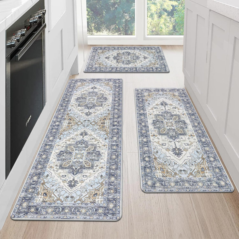 Anti-Fatigue Non-Skid Waterproof Kitchen Mat (Set Of 3), Blue/Brown