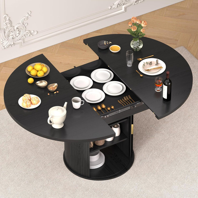 47-63" Extendable Round Dining Table for 4-8 People, Mid-Century Modern Kitchen Table with Storage Cabinet, Black
