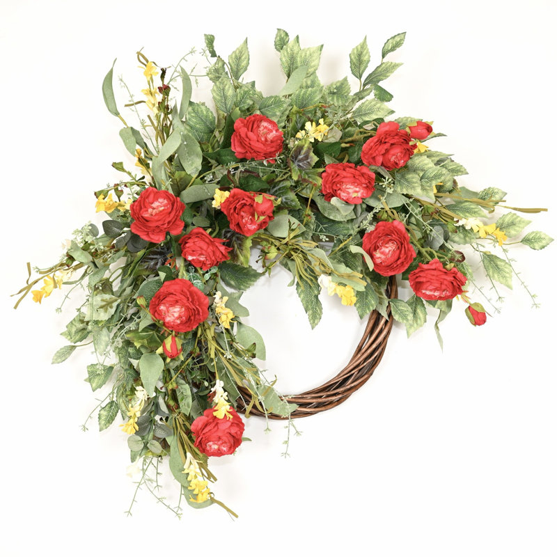 Couronne de fleurs roses faites à la main 24 po pour porte d'entrée