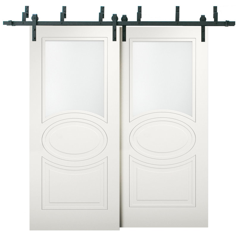 Portes coulissantes de placard en verre opaque de style grange 84 x 84 pouces Mela 7012 Blanc mat Moderne Rails 8 pieds Ensemble de quincaillerie Portes de placard de chambre en bois massif