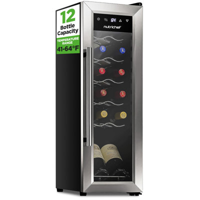 NutriChef Single Zone 17.72" Freestanding Wine Refrigerator, Holds 12 Bottles, Compact Design, Perfect for Home Use