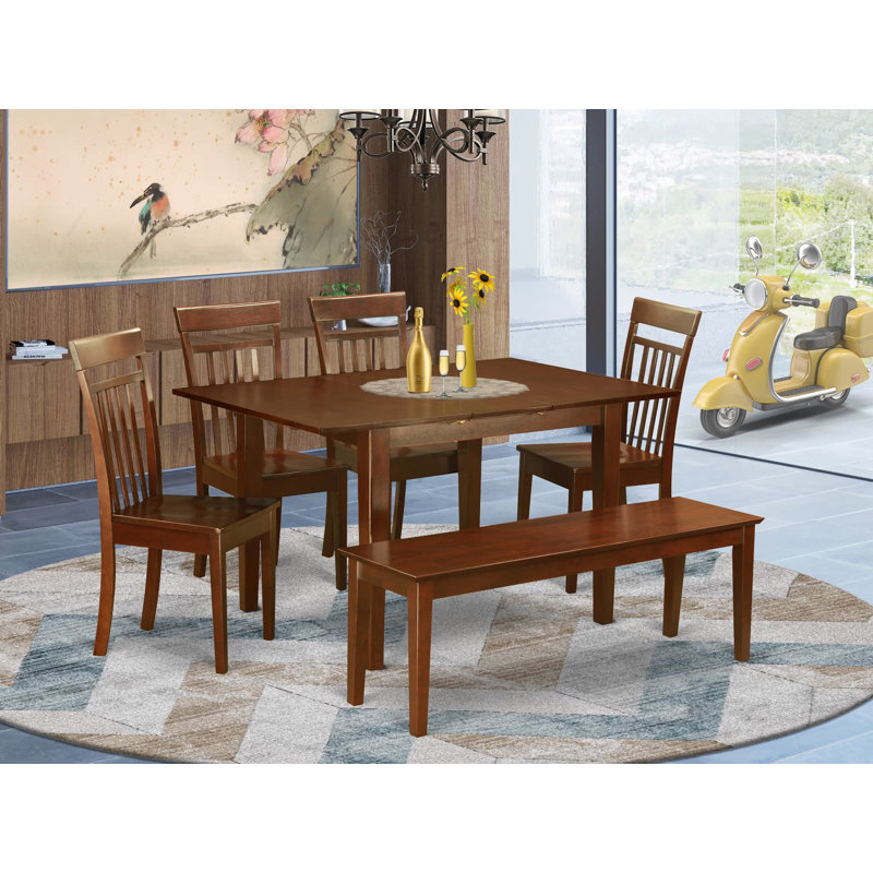 6 Piece Modern Dining Table Set Contains a Rectangle Wooden Table with Butterfly Leaf and 4 Dining Chairs with a Bench, Mahogany