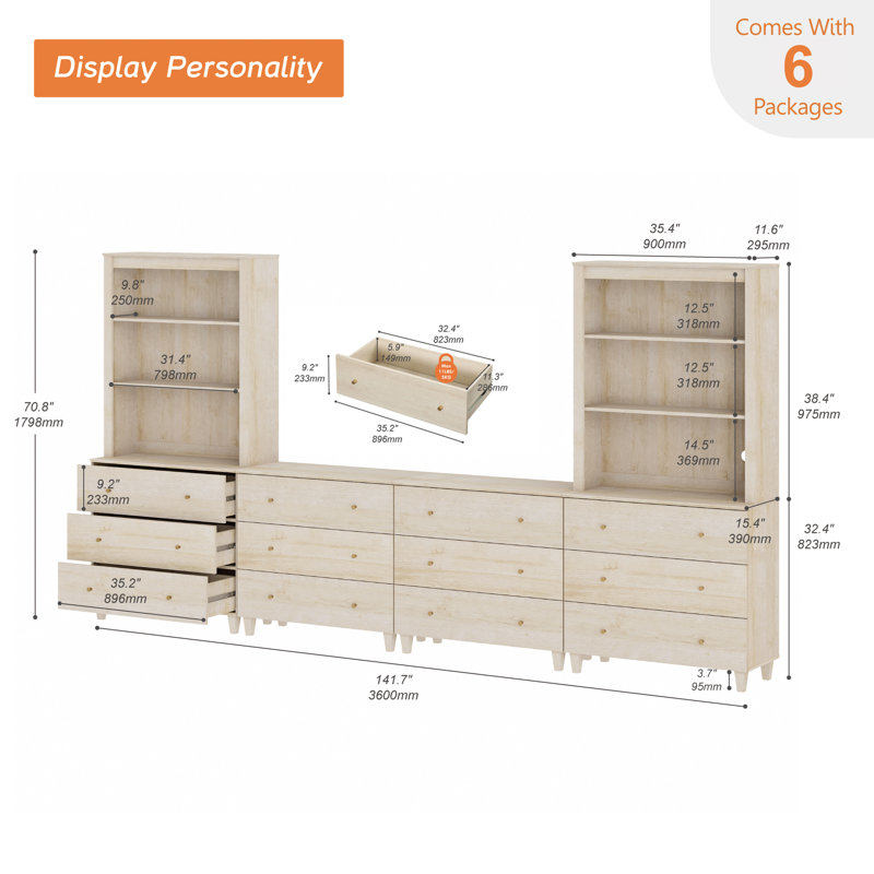 Entertainment Center And Bookshelves Set With Drawers For 75" Tvs, Beige