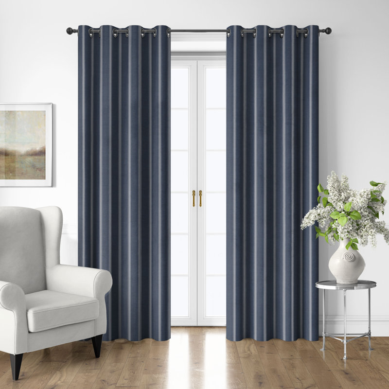 Shay Broad Ticking Stripe Dark Denim Cotton Grommet Top Drapery Panel Set of 2, 50" W  x 120" L