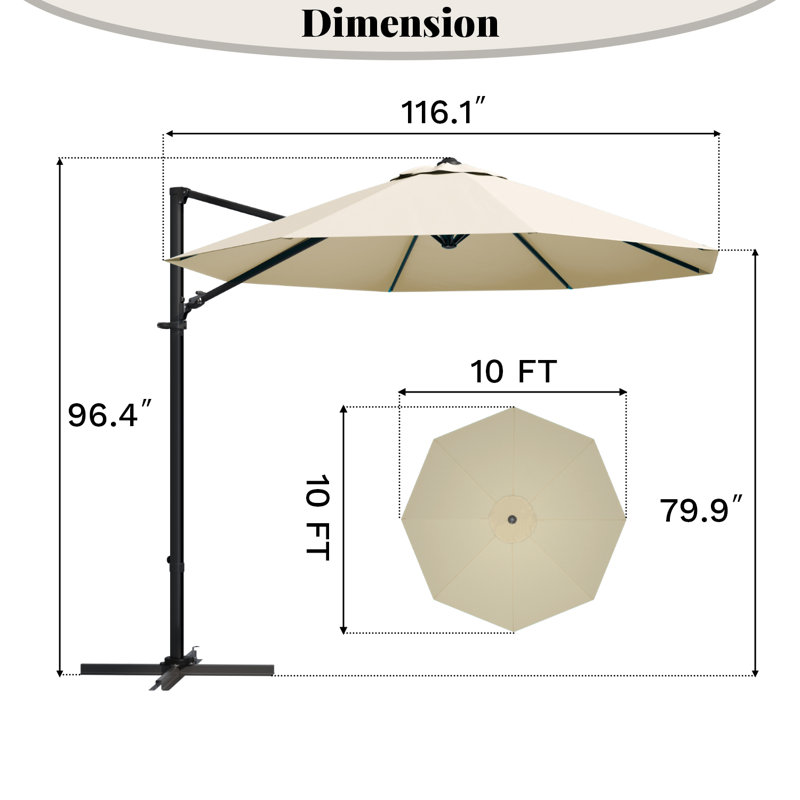 Parasol en porte-à-faux 116,1 po x 116,1 po, H 96,4 po x l 116,1 po x P 116,1 po, Beige