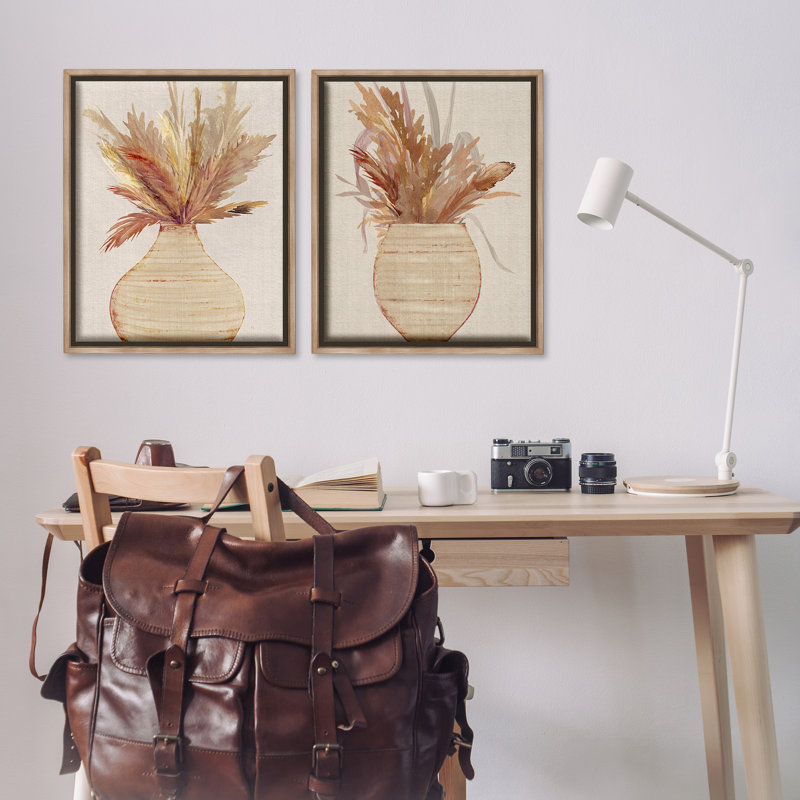 Ensemble de 2 toiles flottantes encadrées Pottas Feather Pampas par Susan Jill, Cadre flottant brun, H 31 po x l 25 po