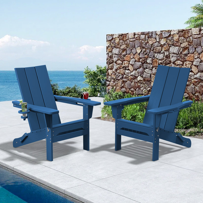 Chaise Adirondack pliante en polyéthylène haute densité Delman avec porte-gobelet double (ensemble de 2), Marine