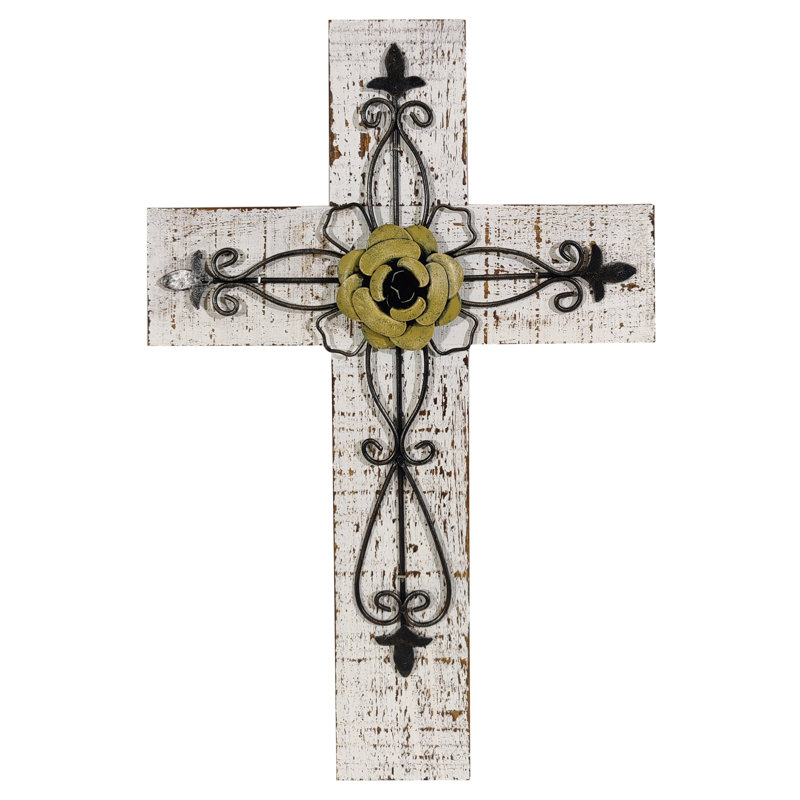Ornate Metal Fleur De Lis and Flower Wood Hanging Wall Cross