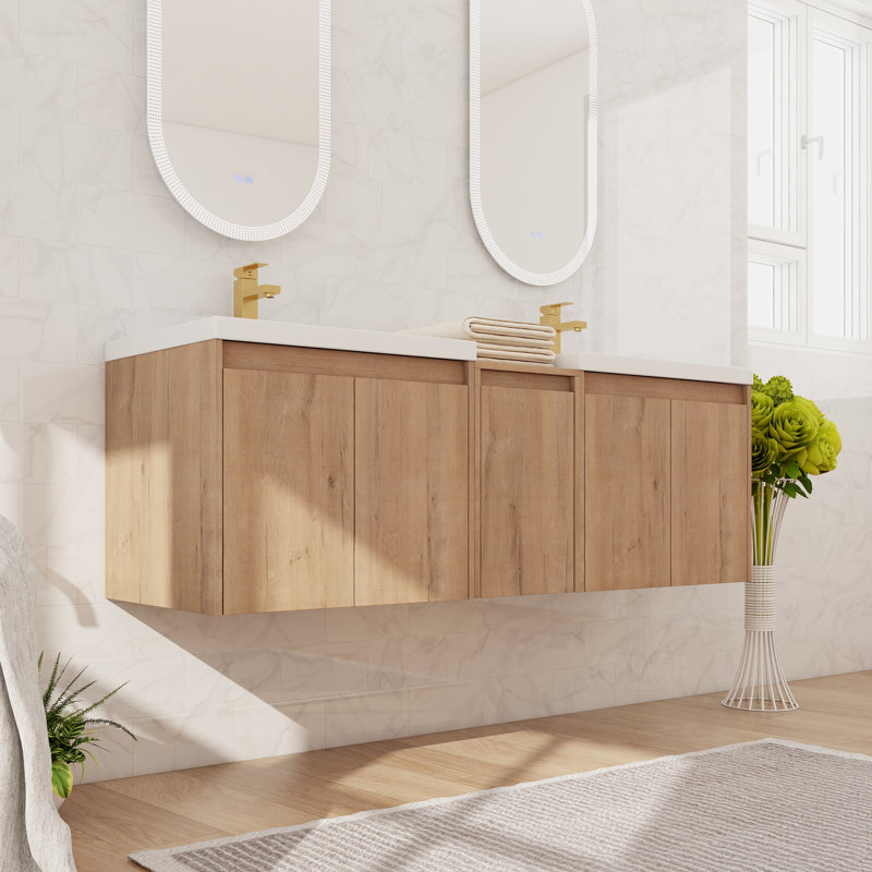 60" Double Wall Mounted Bathroom Vanity With Resin Sink, Floating Bathroom Vanity With 5 Doors And 1 Adjustable Shelf