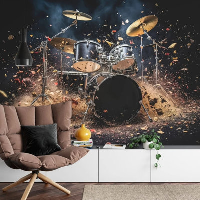 Exploding Drum Kit Music Wall Mural Dynamic Rock Percussion Splash Wall Art Decor