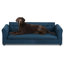 Lit confortable surdimensionné en lin bleu foncé, lit rectangulaire surdimensionné avec accoudoirs, pieds courts pour faciliter le déplacement et le confort