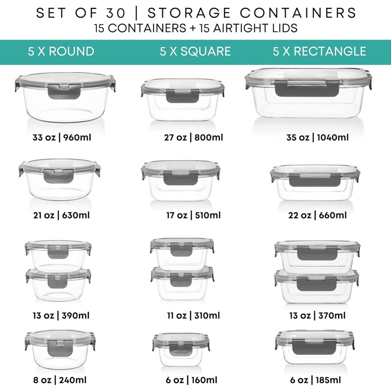 30 contenants en verre pour aliments, Gris