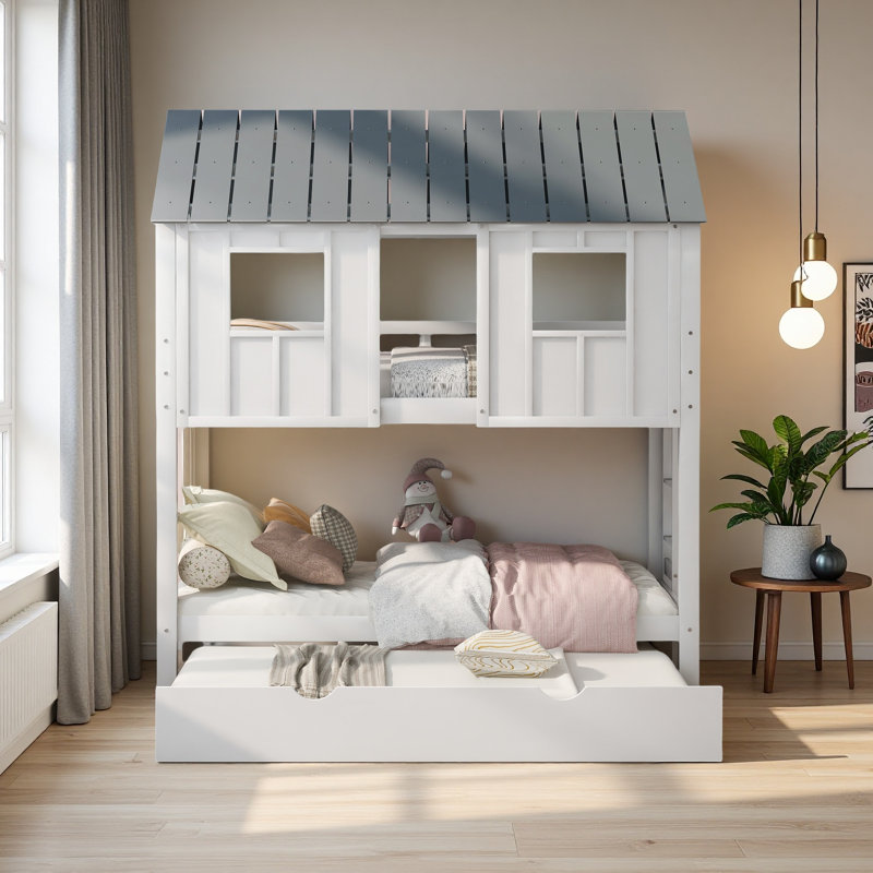 Twin Size House Bunk Bed With Trundle,Roof And Windows