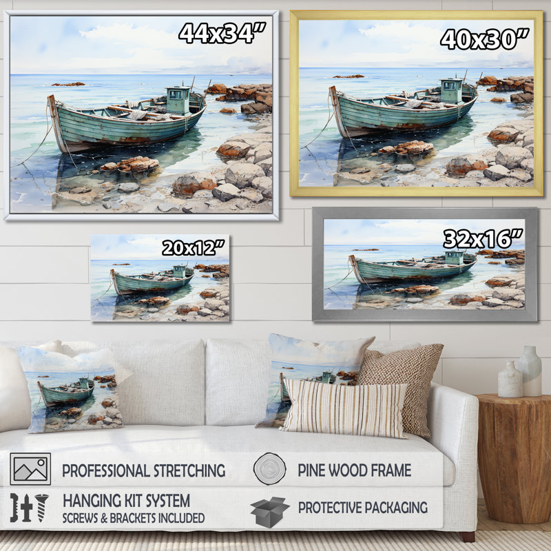 «Fishing Boat At The Beach I», reproduction sur toile, H 34 po x l 44 po x P 1,5 po, Cadre flottant doré