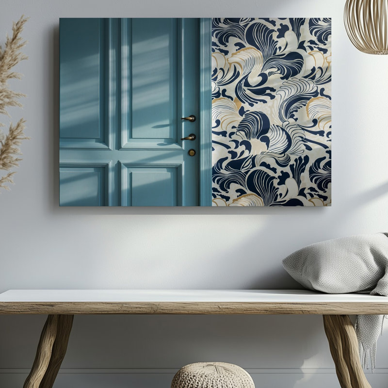 Toile, une élégante scène intérieure avec une porte bleue claire et un art mural, H 9 po x l 12 po