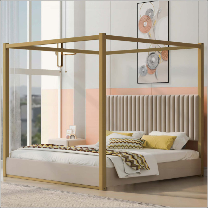Lit plateforme à baldaquin avec tête de lit et structure en métal Upholstery, Beige