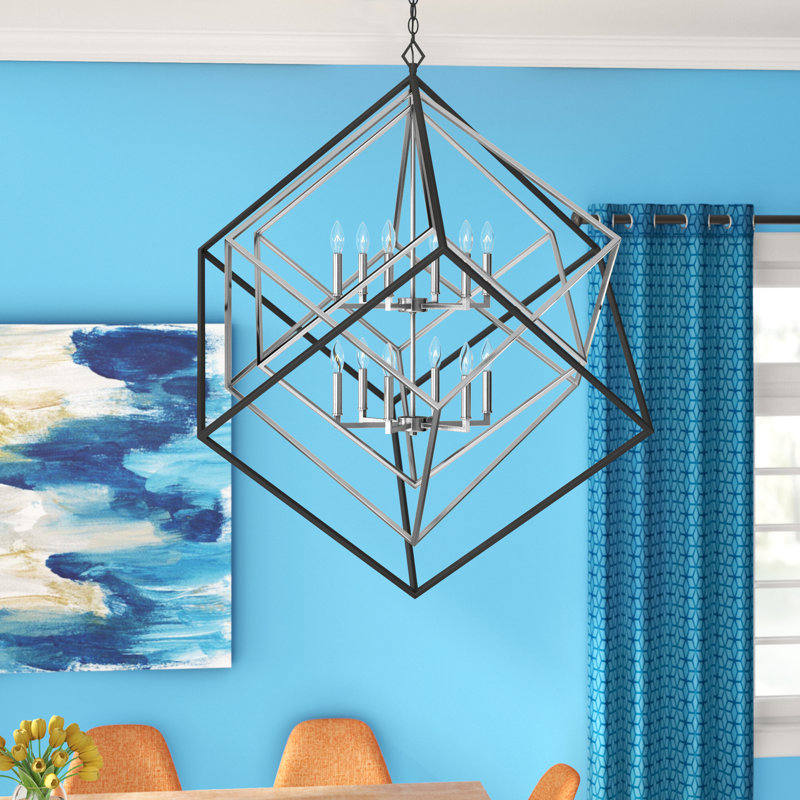 Lustre géométrique unique Goulart, Chromé / noir mat, 12, H 50,5 po x l 47,5 po x P 47,5 po