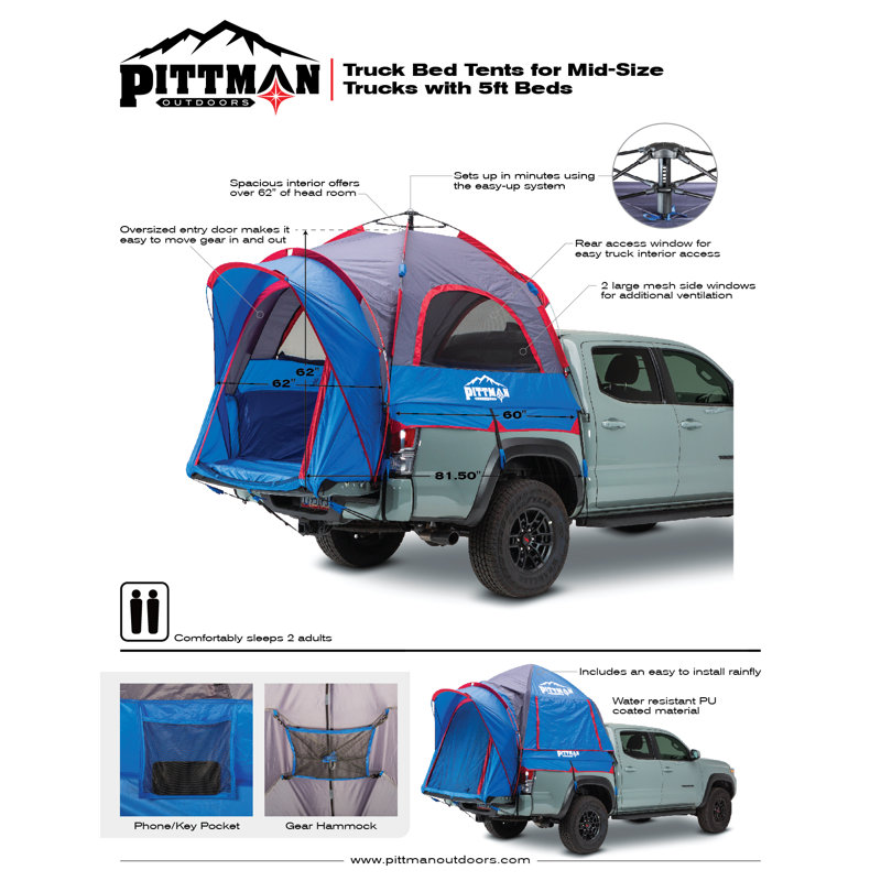 Pittman Outdoors PPI-TBT_M5 EZ-UP Truck Bed Tent - Ultimate Truck Bed Tent System for Outdoor and Camping Enthusiasts Mid-Size 5.0'-5.2' Beds