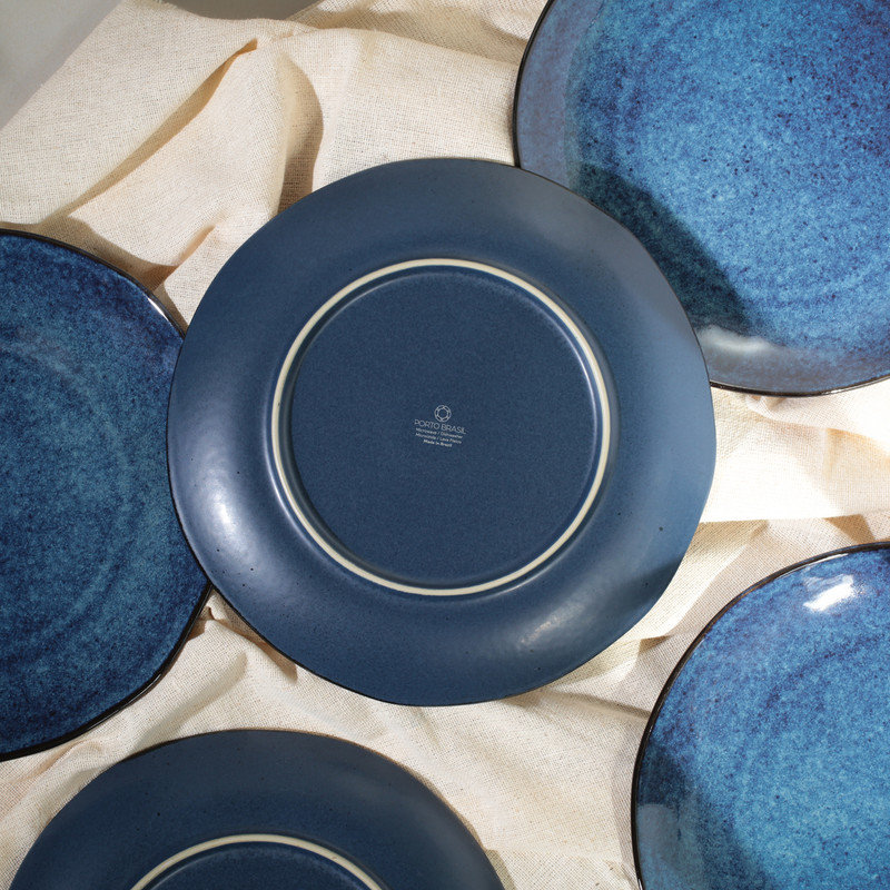 Handcrafted Blue Porcelain Round Dinner Plates, Set of 6