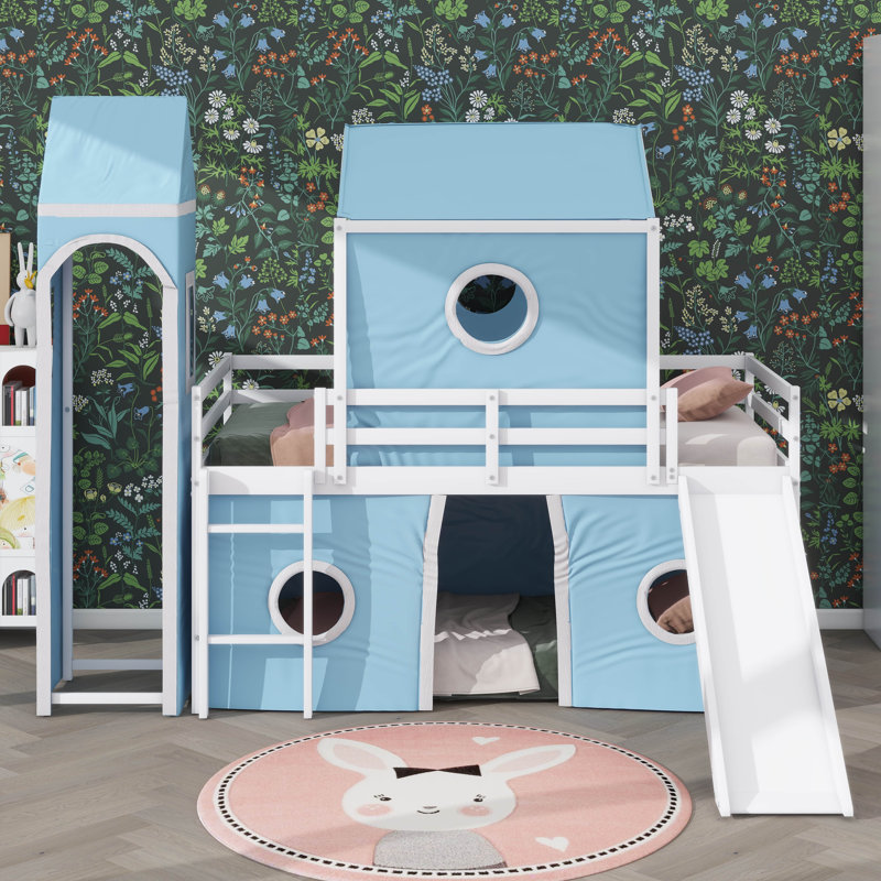 Twin Loft Bed Embellished With Slide, Tent, And Tower, Bleu