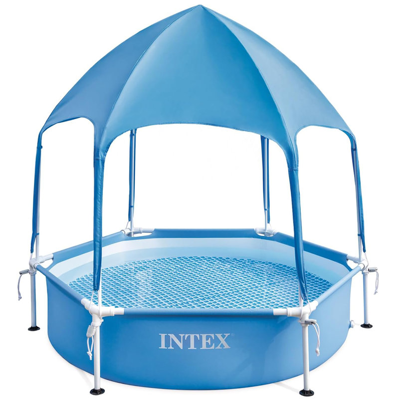 Intex: Canopy Metal Frame Splash Pool - 6' x 15" - UPF 50+ Sunshade Cover, Built-In Water Sprayer, Puncture-Resistant, Wade Kiddie Pool, Kids 3+