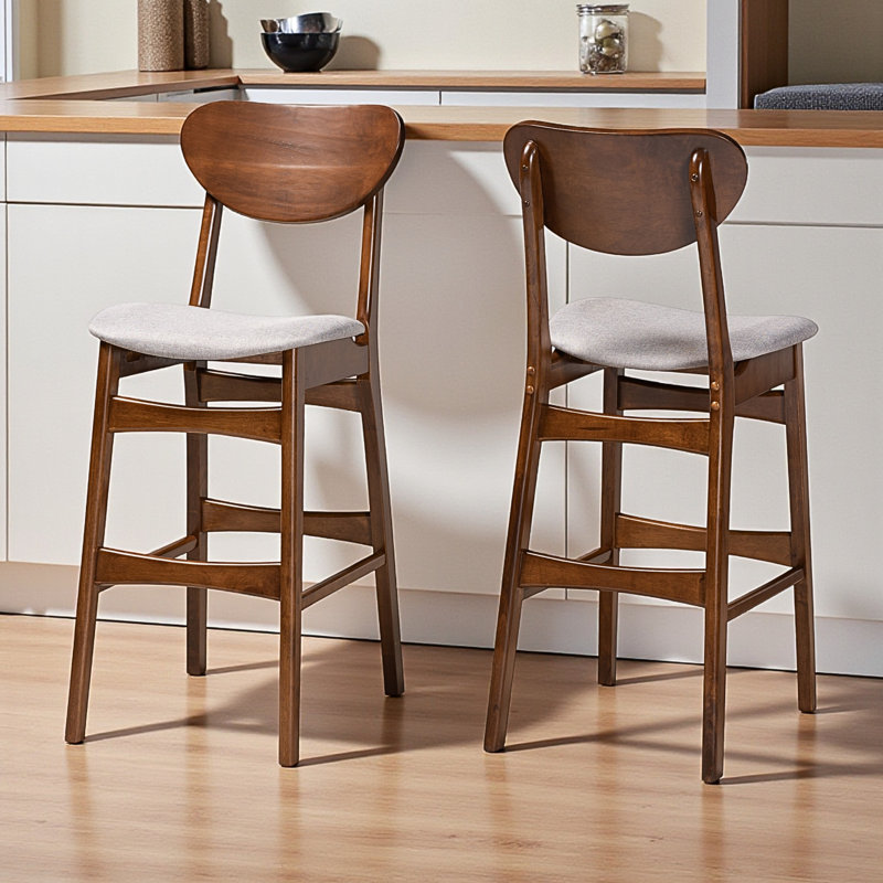 Kaitlyn Wooden Mid-Century Modern Bar Stool Set in Gray/Walnut Brown, 43.96'' H X 17.90'' W X 22.77'' D, White