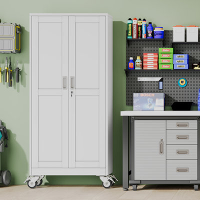 74.8"H Metal Garage Storage Cabinet Black with Wheels and 5 Adjustable Shelves