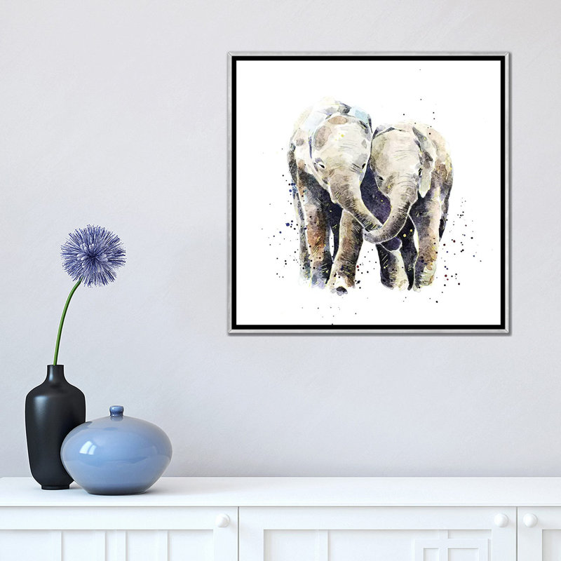 Deux éléphants par EdsWatercolours - impression, H 18 po x l 18 po x 1,5 po, Toile avec cadre argenté, Pas de tapis
