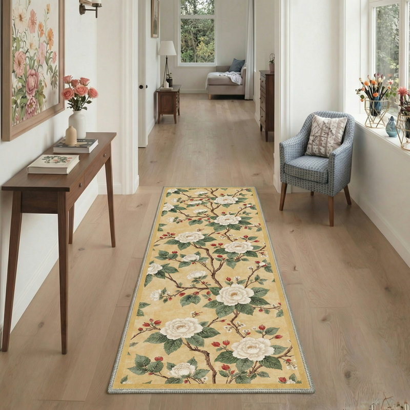 Aura Floral Machine Washable Yellow Indoor Area Rug with Non-Slip Backing, Runner 2' x 6'