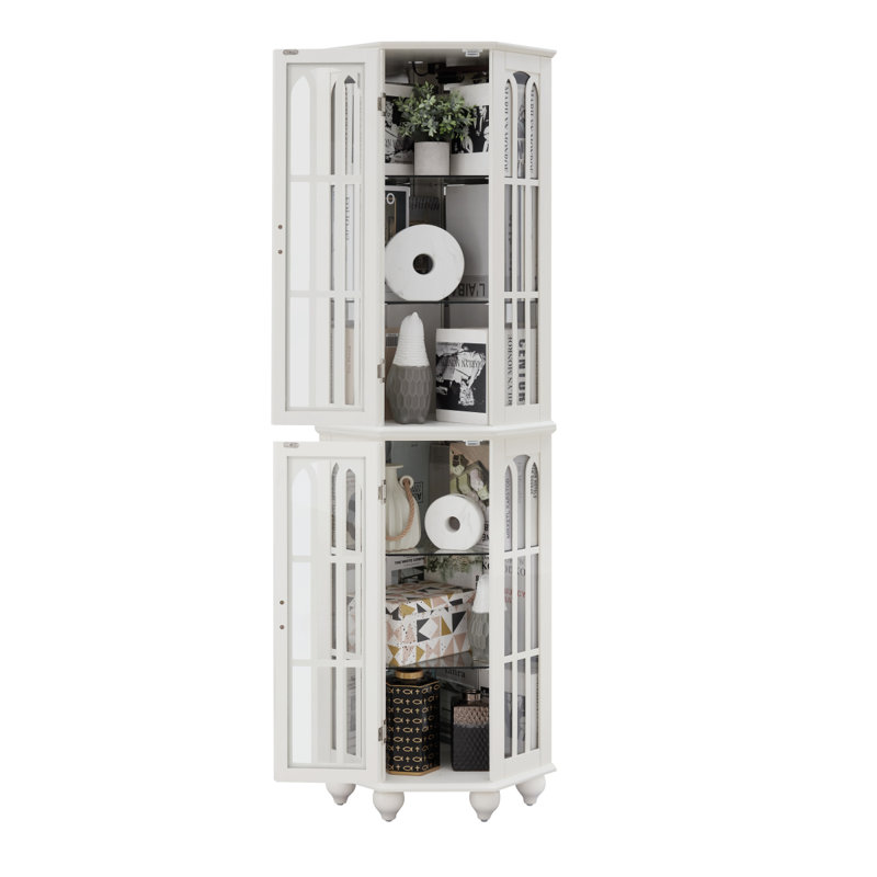 Corner Curio Cabinet With 4 Adjustable Tempered Glass Shelves And Lighting System, Solid Wood Legs,Acrylic Mirrored Back Panel(E26 Light Bulb Not Included)