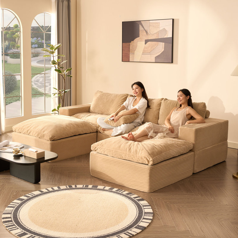 3-Seater L-Shaped Modular Sectional Sofa Bed with Ottoman, Camel, 268cm-3U