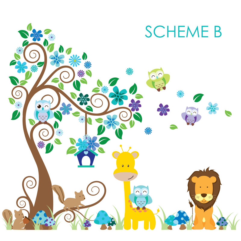 Adhésif décoratif arbre à tourbillon, jungle, hibou et giraffe, Schéma B