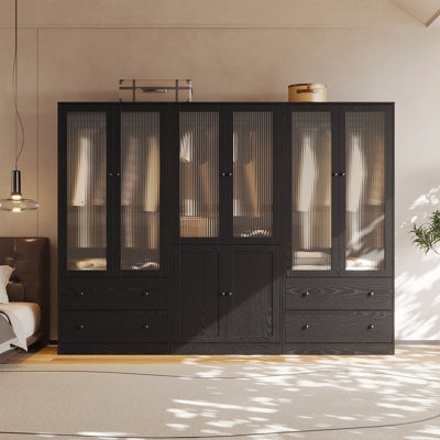 20"D x 94.5"W x 71"H Modern Armoire With Soft-Close Doors — Fluted Glass Wardrobe Closet With Shelves & Drawers by Latitude Run