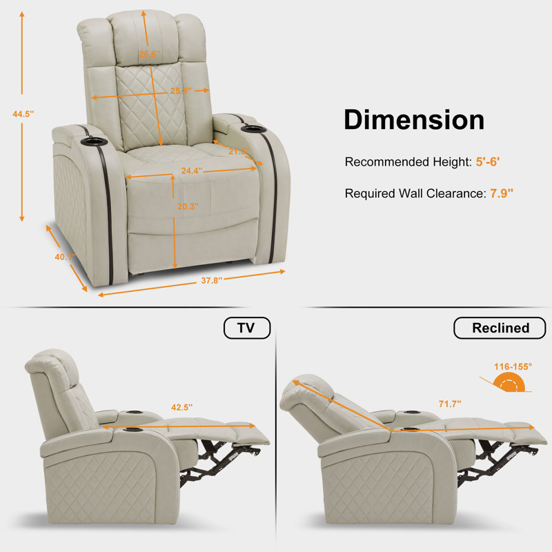 Siège de cinéma en similicuir de 37,8 po de largeur avec porte-gobelet, Similicuir beige