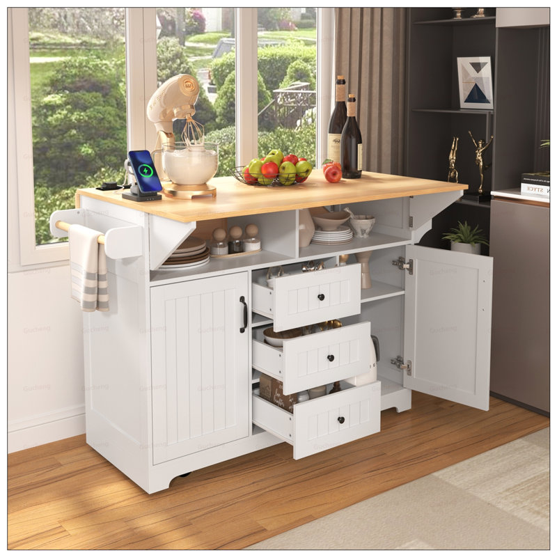 Versatile Large Kitchen Island with 2 Drop Leaf, Rolling Cart on 5 Wheels, Power Outlet, and Spacious Storage for Dining and Work