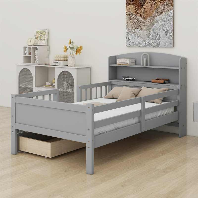 Lit plateforme en bois avec éclairage à DEL intégré, tête de lit multifonctionnelle, garde-corps et 2 tiroirs, gris