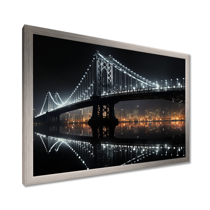 Pont noir de lumière - Ponts, art mural, H 24 po x l 32 po x P 1 po, Cadre simple argenté