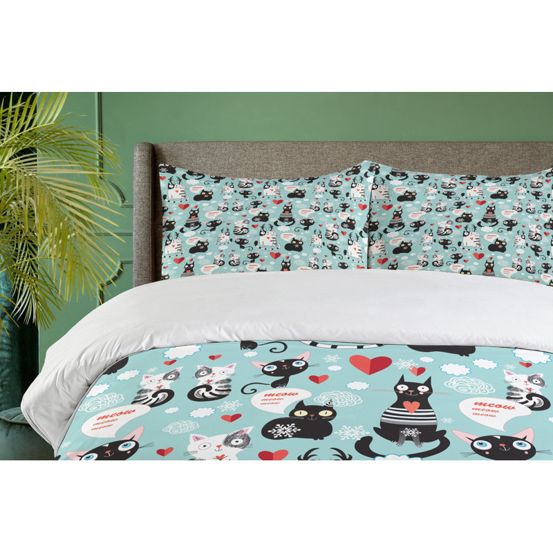 Queen Size Black and White Cat Print Duvet Cover Set