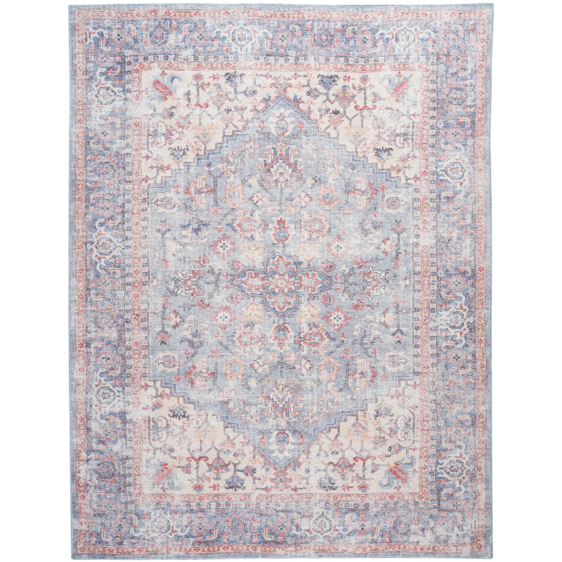 Machine Washable Oriental Blue/Red Area Rug, Rectangle 7'10" x 9'10"