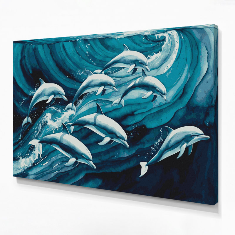 «Nautical Dolphins», art mural sur toile bleue, H 12 po x l 18 po