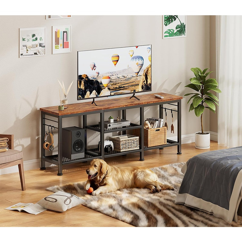 Meuble télé pour téléviseur de 55 po ou moins, centre de divertissement avec tablettes de rangement ouvertes, meuble télé avec tablette de barre de son pour le salon