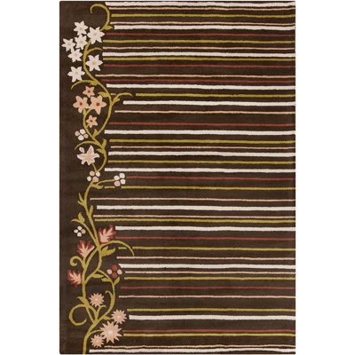 Tapis rayé à motif floral vert, corail, pêche et brun foncé Billerica