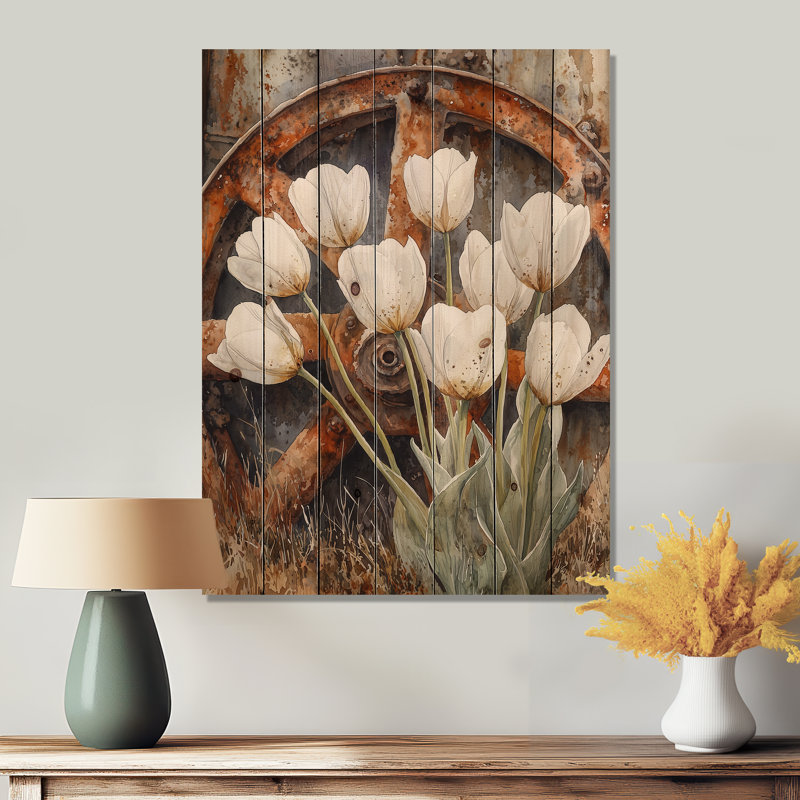 Tulips By The Wagon Wheel I - Tulips Wood Print - On Natural Pine Wood, 20" H x 10" W x 0.78" D