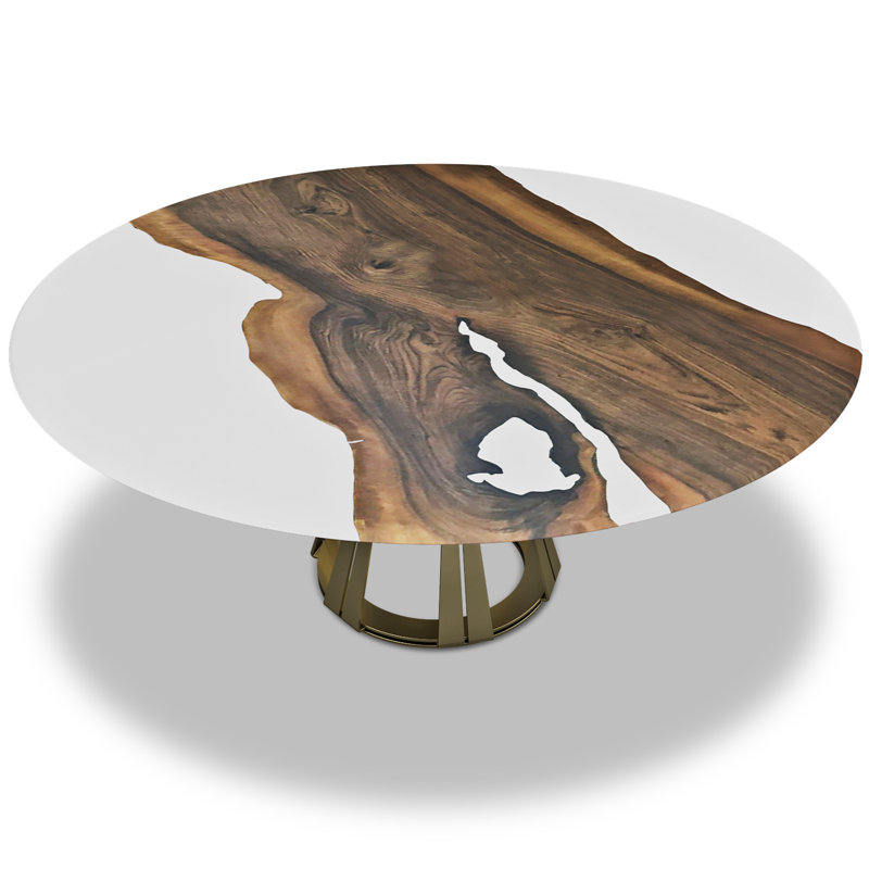 Walnut Round Metal Base Dining Table, White/Brown, Bronze, H75 x L213 x W213cm
