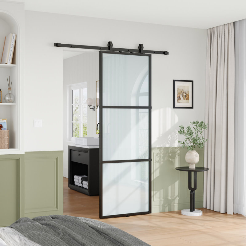 Black Aluminum and Frosted Glass Sliding Barn Door with Hardware Kit