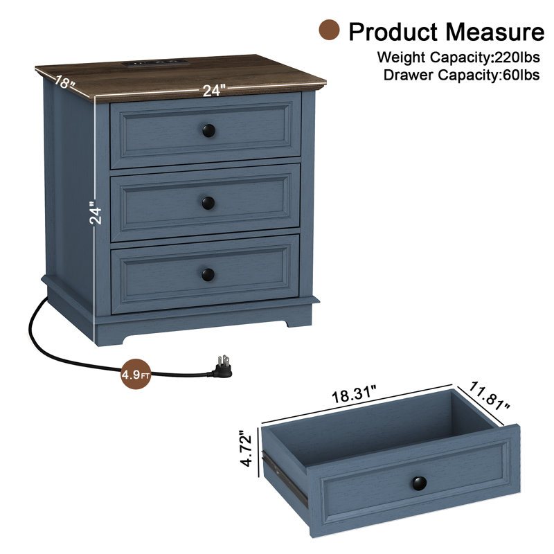 Beattie 3-Drawer End Tables with Storage and Built-in Outlets,Side Table for Living Room,Bedroom,Office, Blue/Walnut