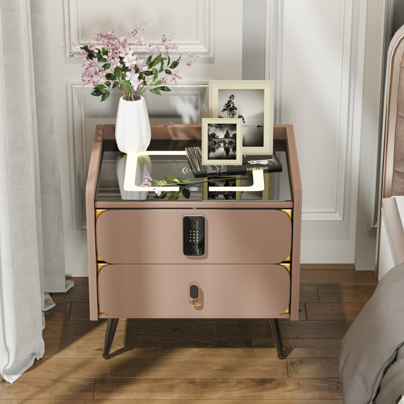 20 Inch Tall Green & Beige Modern Luxury Smart Two Drawer Nightstand with Password Lock Wireless Charging and Black Legs for Bedroom