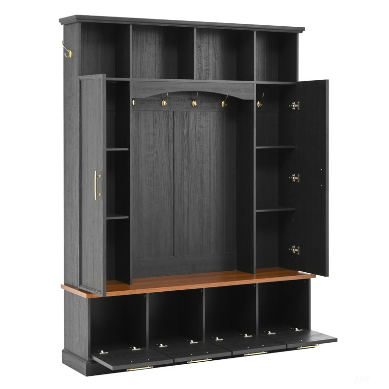 4-IN-1 Elegant 59 Inch Wide Hall Tree With Golden Hooks & Handles, Adjustable Shelves, And Walnut Bench For Entryway, Mudroom, Living Room