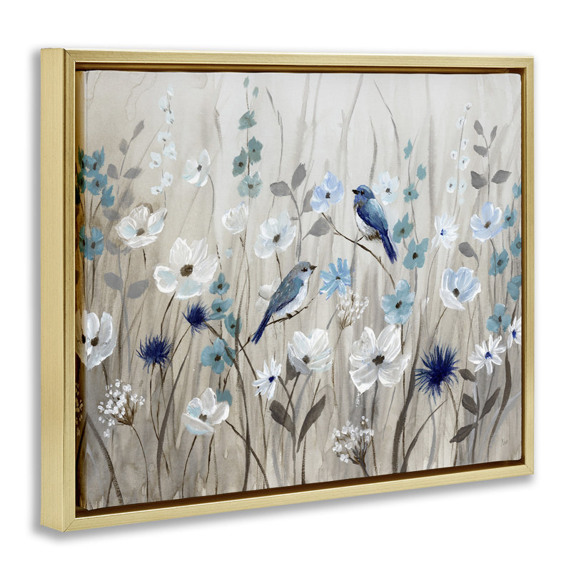 «Birds Floral Meadow Blossoms», art mural encadré flottant doré par Nan, Cadre flottant métallique doré, H 17 po x l 21 po