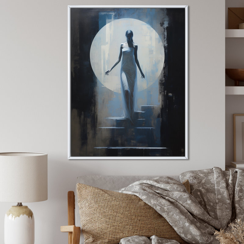 Pleine lune, descente d'escalier rétro sur toile, H 20 po x l 12 po x P 1 po, Cadre flottant blanc